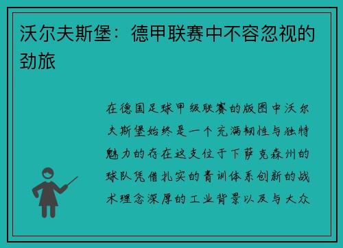 沃尔夫斯堡：德甲联赛中不容忽视的劲旅