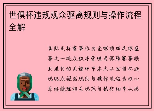世俱杯违规观众驱离规则与操作流程全解
