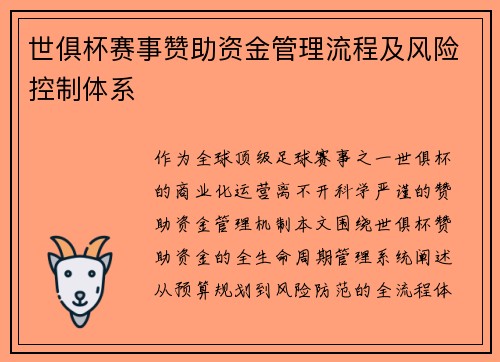 世俱杯赛事赞助资金管理流程及风险控制体系