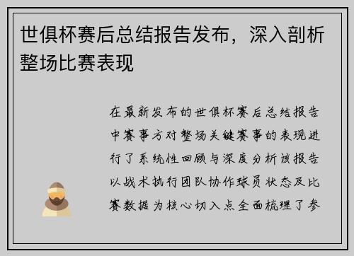 世俱杯赛后总结报告发布，深入剖析整场比赛表现