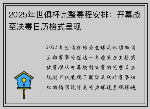 2025年世俱杯完整赛程安排：开幕战至决赛日历格式呈现