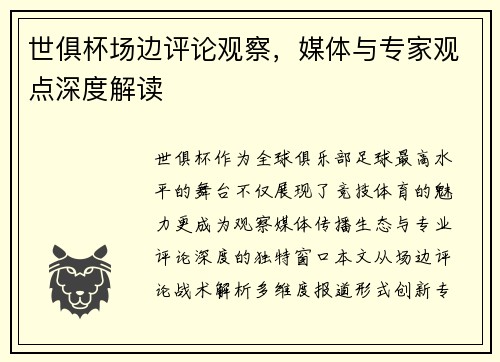 世俱杯场边评论观察，媒体与专家观点深度解读